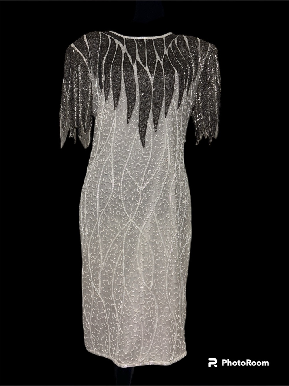 Scala Women's White and Silver Dress SZ SM 1980s Silk Sequins